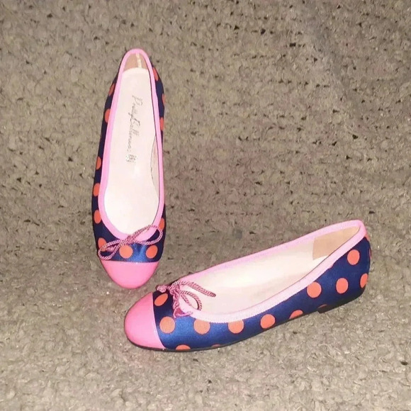 PRETTY BALLERINAS-Rosario-Neon Pink/Orange Polka Dots-Navy Blue-Sz 36-Near MInt - Picture 1 of 7